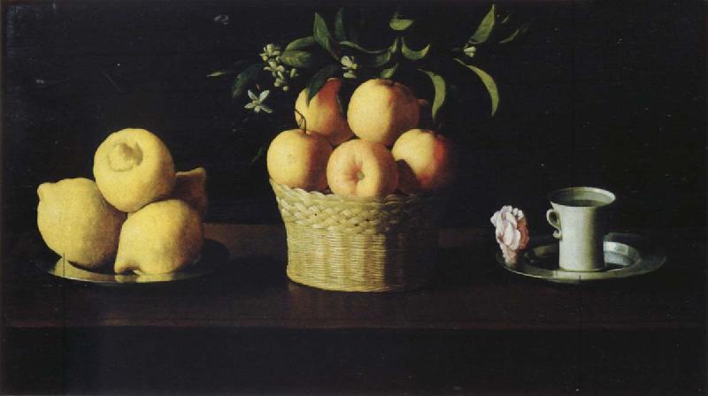 Francisco de Zurbaran Style life with lemon of orange and a rose
